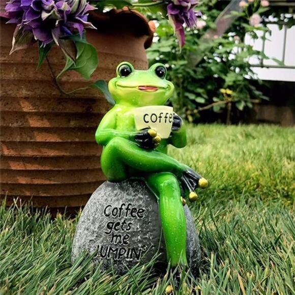 Frog Statue for Garden, Drinking Coffee Green Frog Figurine for Outdoor Decor - Picture 7 of 7